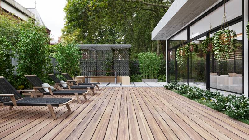 Image 3D extérieur piscine et transat